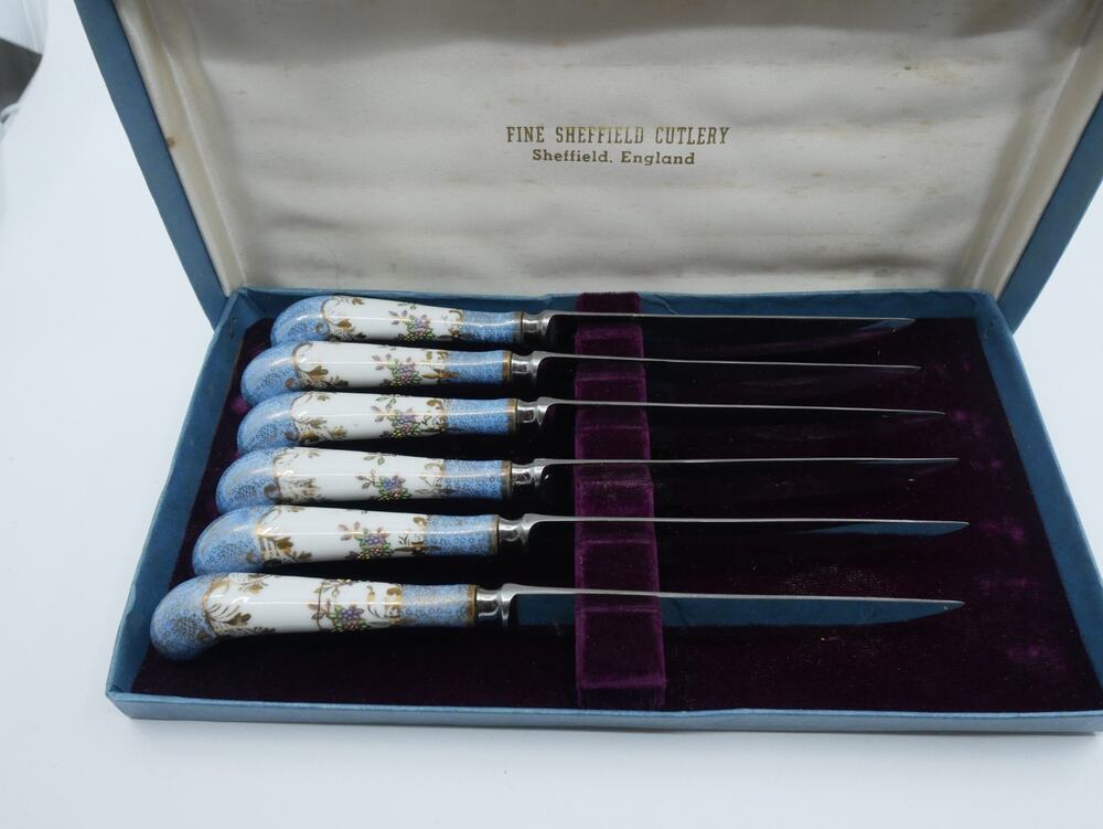 Set of Six A.E. LEWIS Sheffield Steak Knives Floraine Blue Floral Porcelain